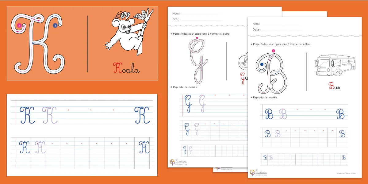 Aperçu d'une planche de fiches pour apprendre les lettres majuscules cursives au CP.