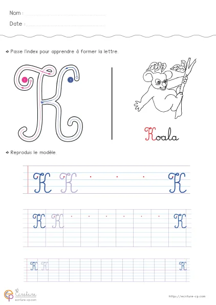 Feuille d'écriture CP pour la lettre K majuscule avec modèle, lignes de repassage et lignes d'entraînement.