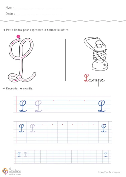 Feuille d'écriture CP pour la lettre L majuscule avec modèle, lignes de repassage et lignes d'entraînement.