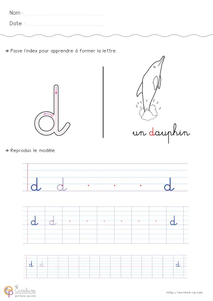 Feuille d'écriture CP pour la lettre d minuscule avec modèle cursif, lignes de repassage et entraînement sur rond fermé et hampe montante.