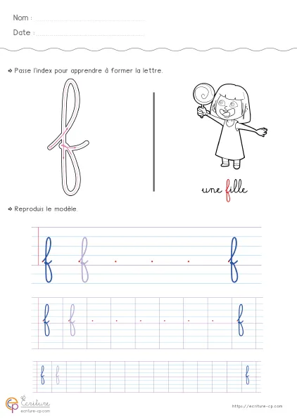 Feuille d'écriture CP pour la lettre f minuscule avec modèle cursif, lignes de repassage et entraînement sur grande boucle haute et descente axee.