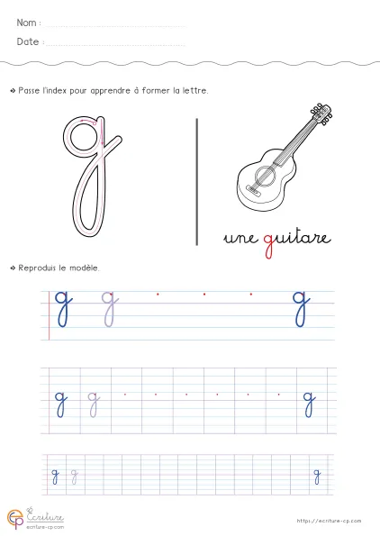 Feuille d'écriture CP pour la lettre g minuscule avec modèle cursif, lignes de repassage et entraînement sur rond fermé et boucle basse.