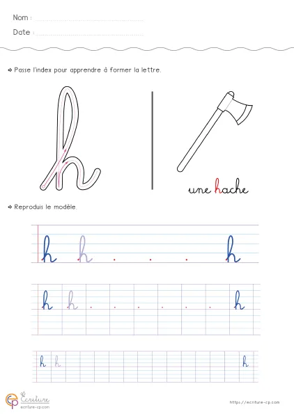 Feuille d'écriture CP pour la lettre h minuscule avec modèle cursif, lignes de repassage et entraînement sur hampe haute et pont arrondi.