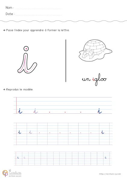 Feuille d'écriture CP pour la lettre i minuscule avec modèle cursif, lignes de repassage et entraînement sur canne courte et point bien aligné.
