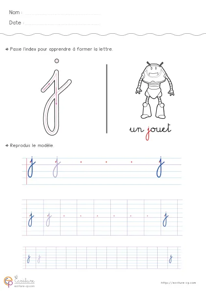 Feuille d'écriture CP pour la lettre j minuscule avec modèle cursif, lignes de repassage et entraînement sur descente basse et point aligné.