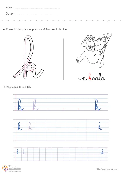 Feuille d'écriture CP pour la lettre k minuscule avec modèle cursif, lignes de repassage et entraînement sur hampe haute et branches bien placées.