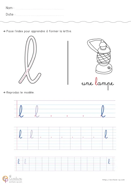 Feuille d'écriture CP pour la lettre l minuscule avec modèle cursif, lignes de repassage et entraînement sur grande boucle montante et retour fin.