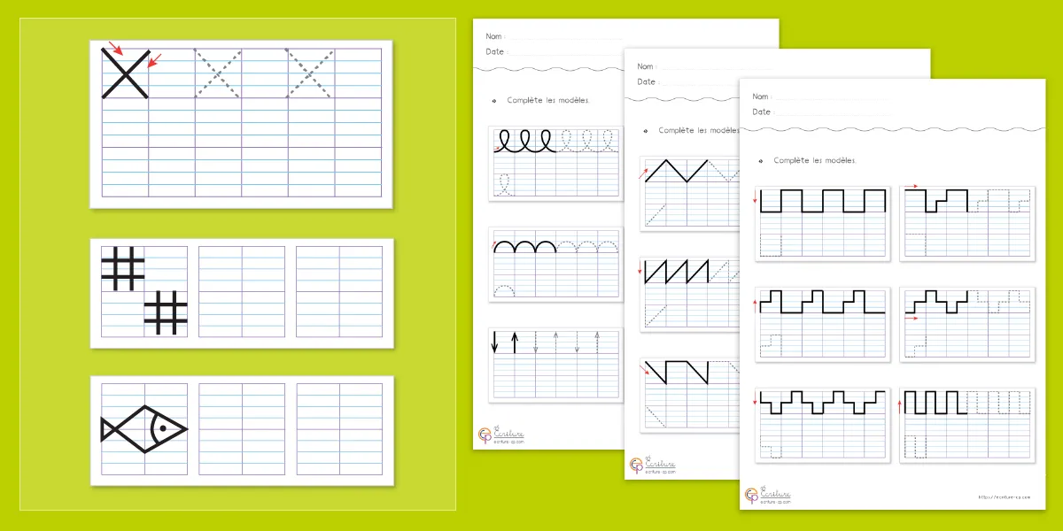 Apercu de fiches de graphisme sur quadrillage Seyes avec motifs varies a reproduire.
