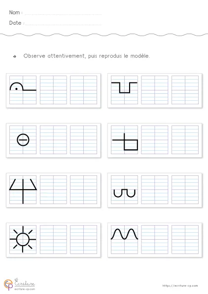 Fiche de graphisme CP-CE1 : vagues, creux, soleils, panneaux stop, cadres et fourches sur quadrillage Seyes.