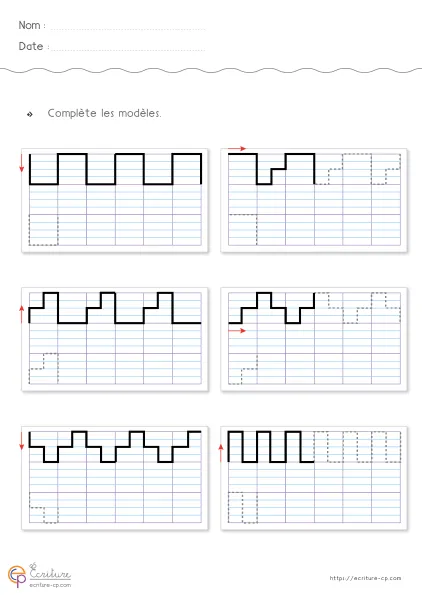 Fiche de graphisme CP-CE1 : créneaux simples et complexes, escaliers montées et descentes sur quadrillage Seyes.