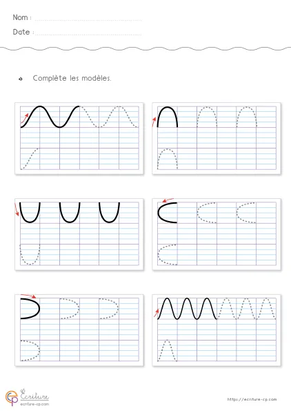 Fiche de graphisme CP-CE1 : vagues d'amplitudes variées, creux, ponts et arches sur quadrillage Seyes.
