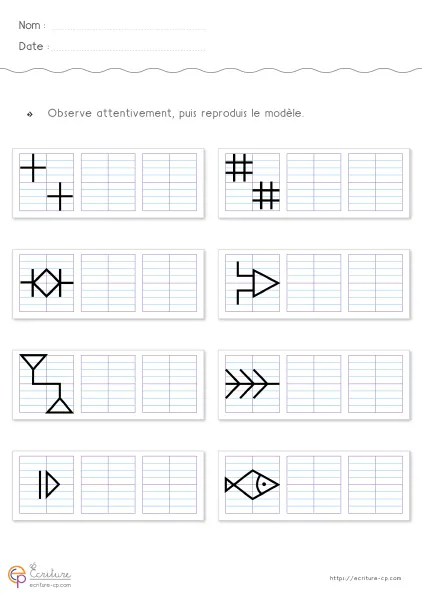 Fiche de graphisme CP-CE1 : dièse, signe plus, formes lumineuses et poisson en traits et triangles sur Seyes.