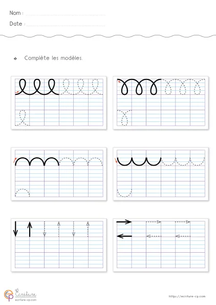Fiche de graphisme CP-CE1 : boucles à l'endroit et à l'envers, ponts, creux et flèches sur quadrillage Seyes.