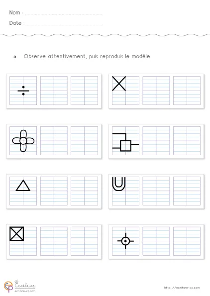 Fiche de graphisme CP-CE1 : boîtes, atomes, cuves, cibles, pyramides et signes mathématiques sur quadrillage Seyes.