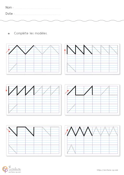 Fiche de graphisme CP-CE1 : tracés en dents de scie de différentes amplitudes sur quadrillage Seyes.