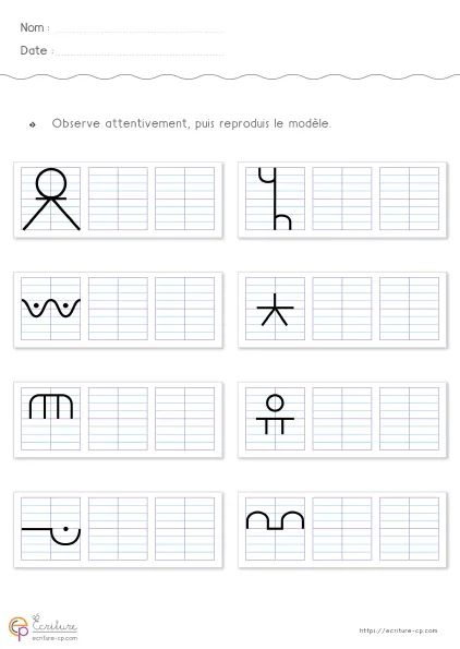 Fiche de graphisme CP-CE1 : jeux d'angles avec perches, ballon, peigne, étoile et formes abstraites sur Seyes.