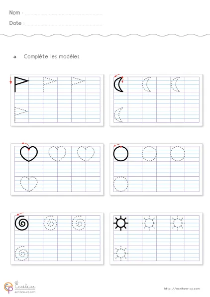 Fiche de graphisme CP-CE1 : spirales, cœurs, lunes, drapeaux et ballons sur quadrillage Seyes.