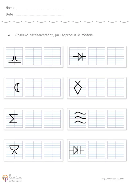 Fiche de graphisme CP-CE1 : vagues serrées, poissons, coupes, conducteurs et lunes sur quadrillage Seyes.