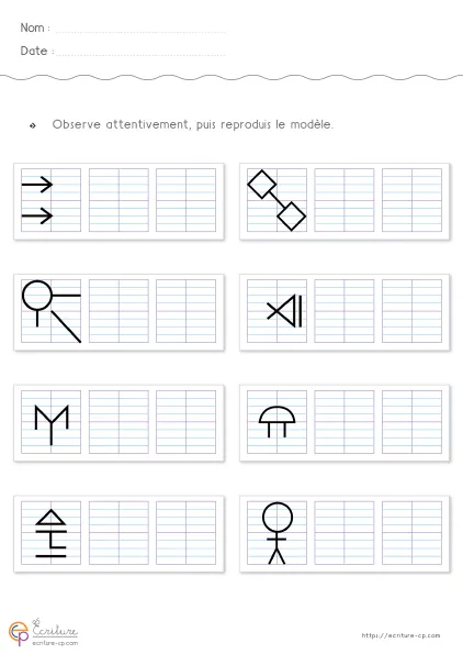 Fiche de graphisme CP-CE1 : personne schématisée, lampe, bouton à pression, chaîne et flèches sur Seyes.