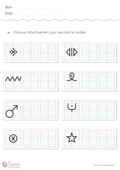 Fiche de graphisme CP avec motifs mixtes a reproduire sur quadrillage Seyes.