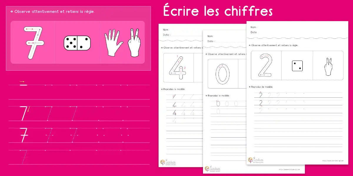 Aperçu de fiches GS pour écrire les chiffres de 0 à 10 avec modèles, mots-nombres et lignes guidées.