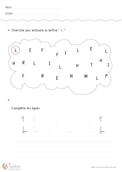 Fiche GS pour écrire la lettre L capitale avec grand modèle L, repères de départ et lignes d'entraînement progressif.
