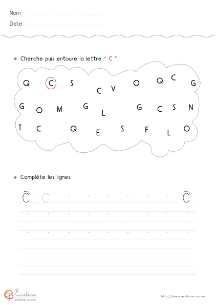 Fiche GS pour écrire la lettre C capitale avec grand modèle C, courbe ouverte et lignes d'entraînement progressif.