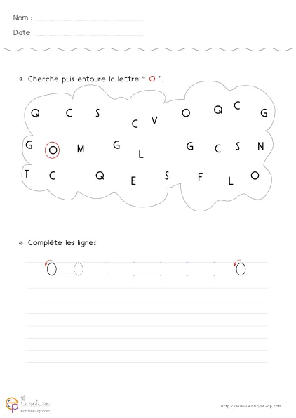 Fiche GS pour écrire la lettre O capitale avec grand modèle rond, fermeture du geste et lignes de pratique.