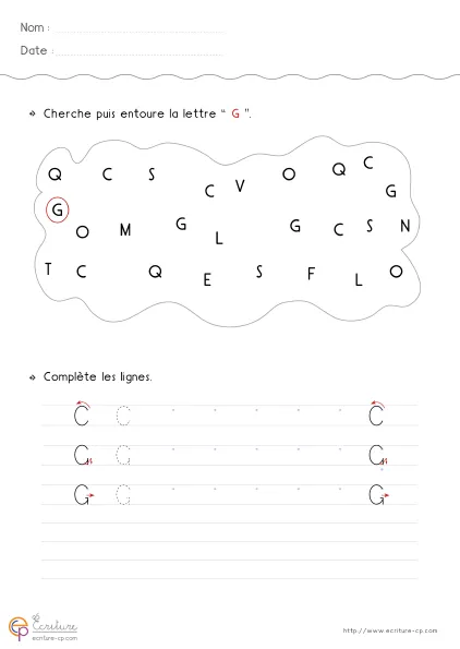 Fiche GS pour écrire la lettre G capitale avec modèle G, grande courbe ouverte et petite barre intérieure.