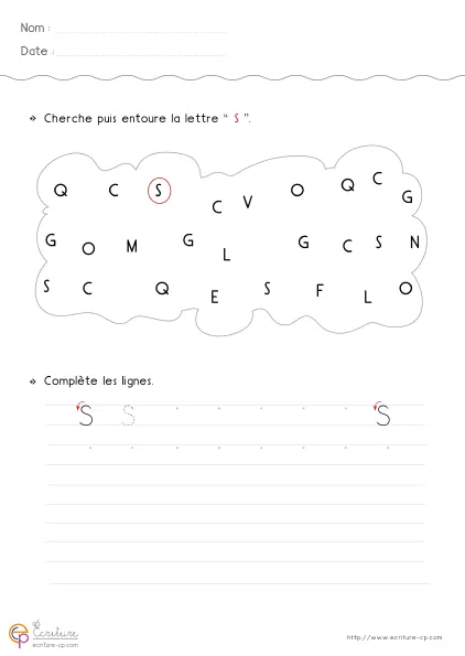 Fiche GS pour écrire la lettre S capitale avec modèle S, double courbe et lignes d'entraînement progressif.