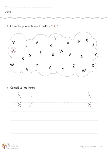 Fiche GS pour écrire la lettre X capitale avec grand modèle X, diagonales croisées et progression de tracé.