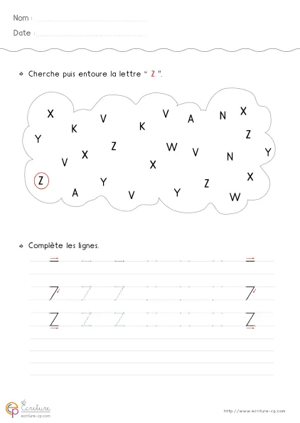 Fiche GS pour écrire la lettre Z capitale avec modèle Z, barre haute, diagonale et base horizontale.