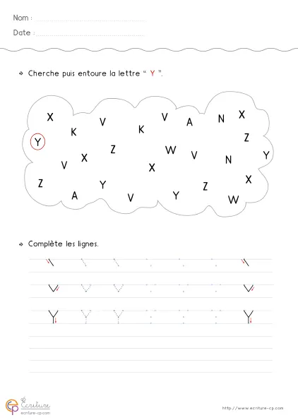 Fiche GS pour écrire la lettre Y capitale avec modèle Y, deux branches obliques et descente centrale.