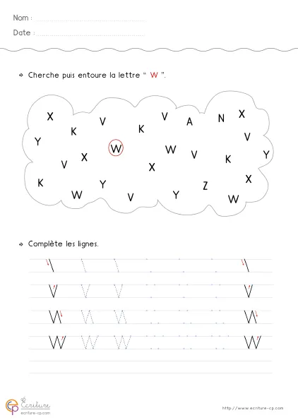 Fiche GS pour écrire la lettre W capitale avec modèle W, double V et lignes de répétition progressive.