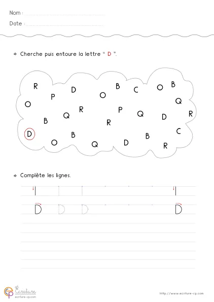 Fiche GS pour écrire la lettre D capitale avec modèle D, verticale et grand arrondi latéral.