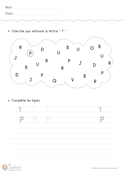 Fiche GS pour écrire la lettre P capitale avec grand modèle P, verticale et boucle haute visible.