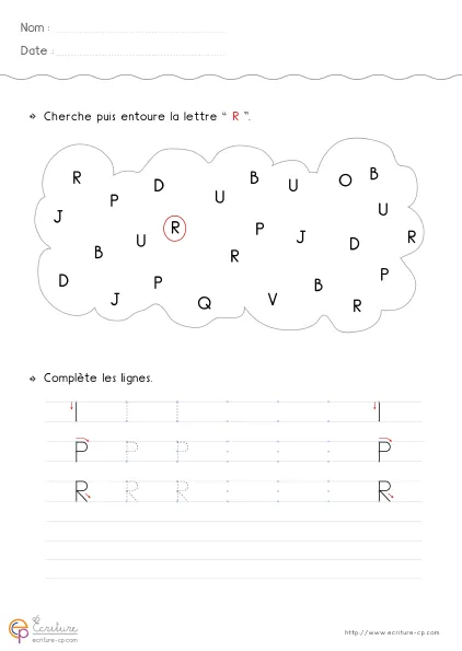Fiche GS pour écrire la lettre R capitale avec modèle R, boucle haute et jambe oblique sur les lignes de tracé.