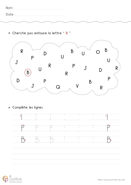 Fiche GS pour écrire la lettre B capitale avec grand modèle B, deux arrondis visibles et lignes d'entraînement.