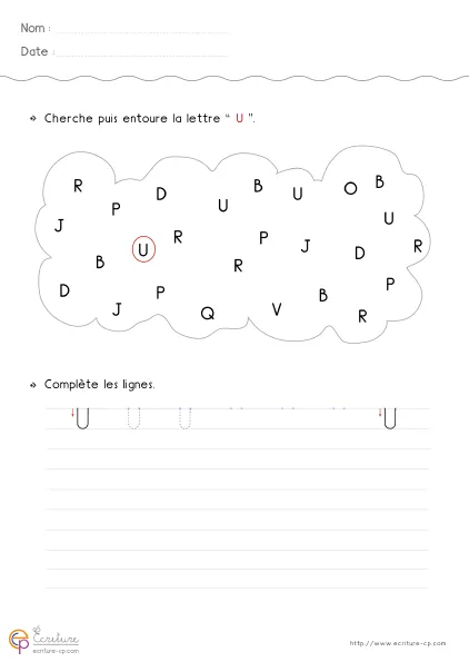 Fiche GS pour écrire la lettre U capitale avec modèle U, arrondi bas et deux montants sur les lignes de pratique.
