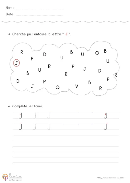 Fiche GS pour écrire la lettre J capitale avec grand modèle J, descente verticale et crochet bas visible.
