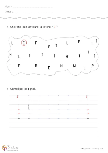 Fiche GS pour écrire la lettre I capitale avec grand modèle I et lignes pour répéter un tracé vertical régulier.