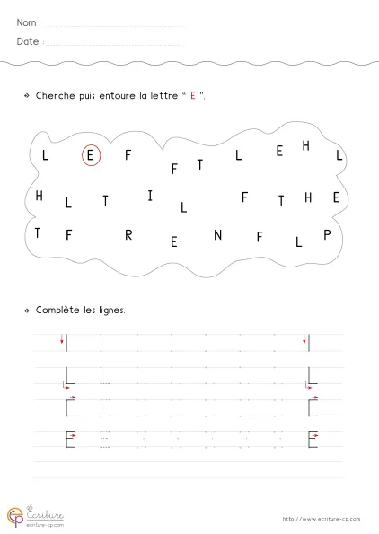 Fiche GS pour écrire la lettre E capitale avec grand modèle E et trois barres horizontales visibles sur les lignes de progression.
