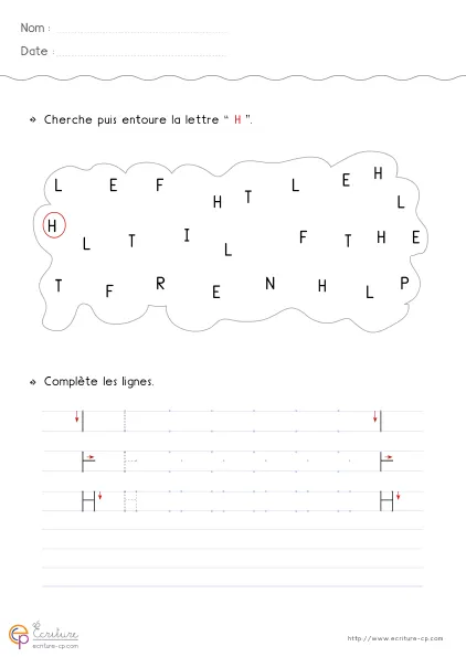 Fiche GS pour écrire la lettre H capitale avec deux verticales, barre centrale et progression de tracé sur lignes.