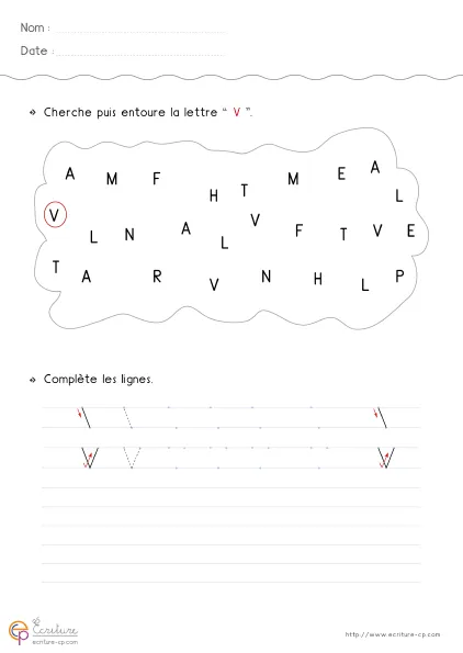 Fiche GS pour écrire la lettre V capitale avec grand modèle V, diagonales repérées et lignes d'entraînement.