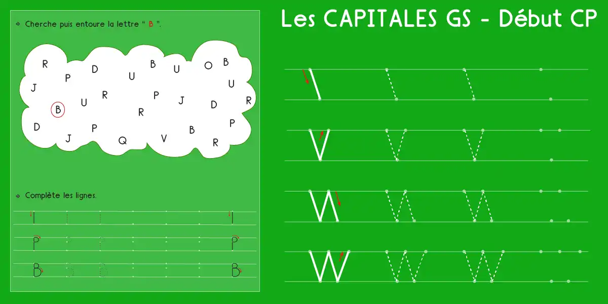 Aperçu d'une fiche GS début CP pour écrire les lettres capitales de l'alphabet avec modèles, lignes d'entraînement et repères de tracé.