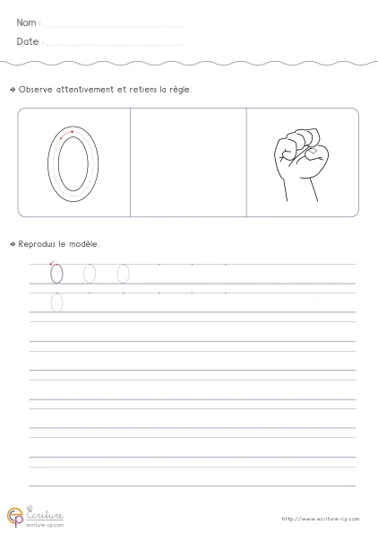 Fiche GS pour écrire le chiffre 0 avec grand modèle du zéro, mot 'zéro' et lignes de tracé progressif.