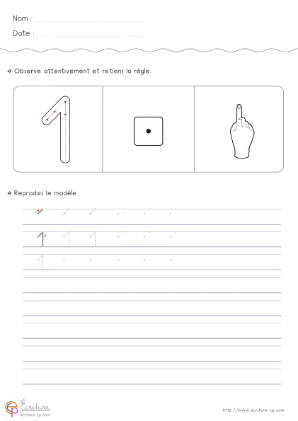 Fiche GS pour écrire le chiffre 1 avec grand modèle du 1, mot 'un' et lignes guidées de réécriture.