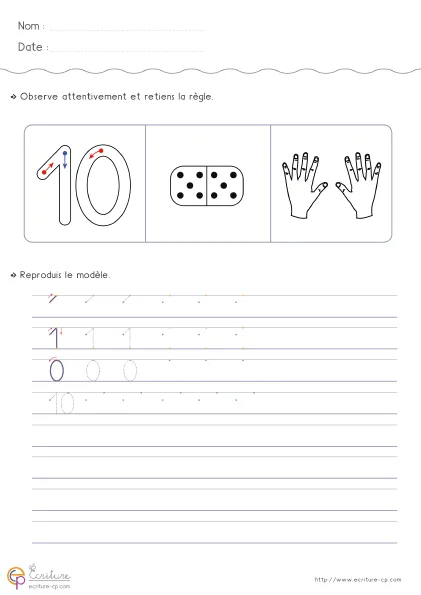 Fiche GS pour écrire le chiffre 10 avec grand modèle du 10, mot 'dix' et lignes guidées pour écrire 1 puis 0.