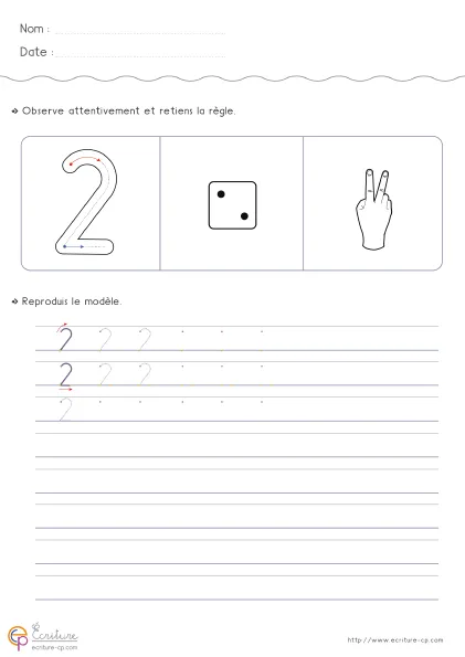 Fiche GS pour écrire le chiffre 2 avec grand modèle du 2, mot 'deux' et progression de tracé sur lignes.