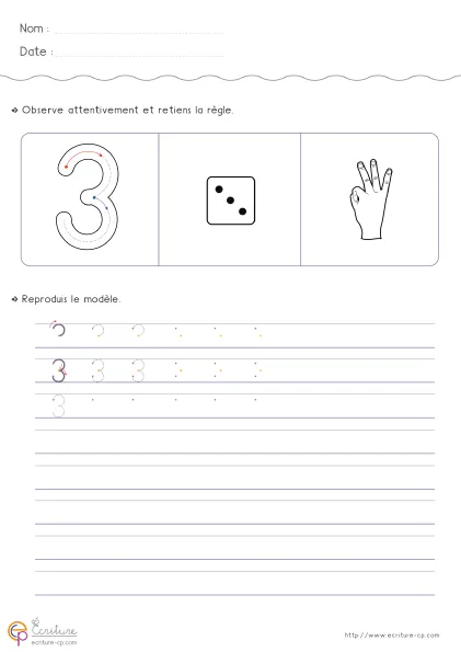 Fiche GS pour écrire le chiffre 3 avec modèle du 3, mot 'trois' et lignes d'entraînement progressif.